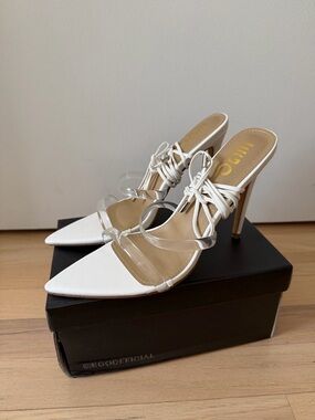 EGO White Pointed Stiletto Mules with Clear Straps